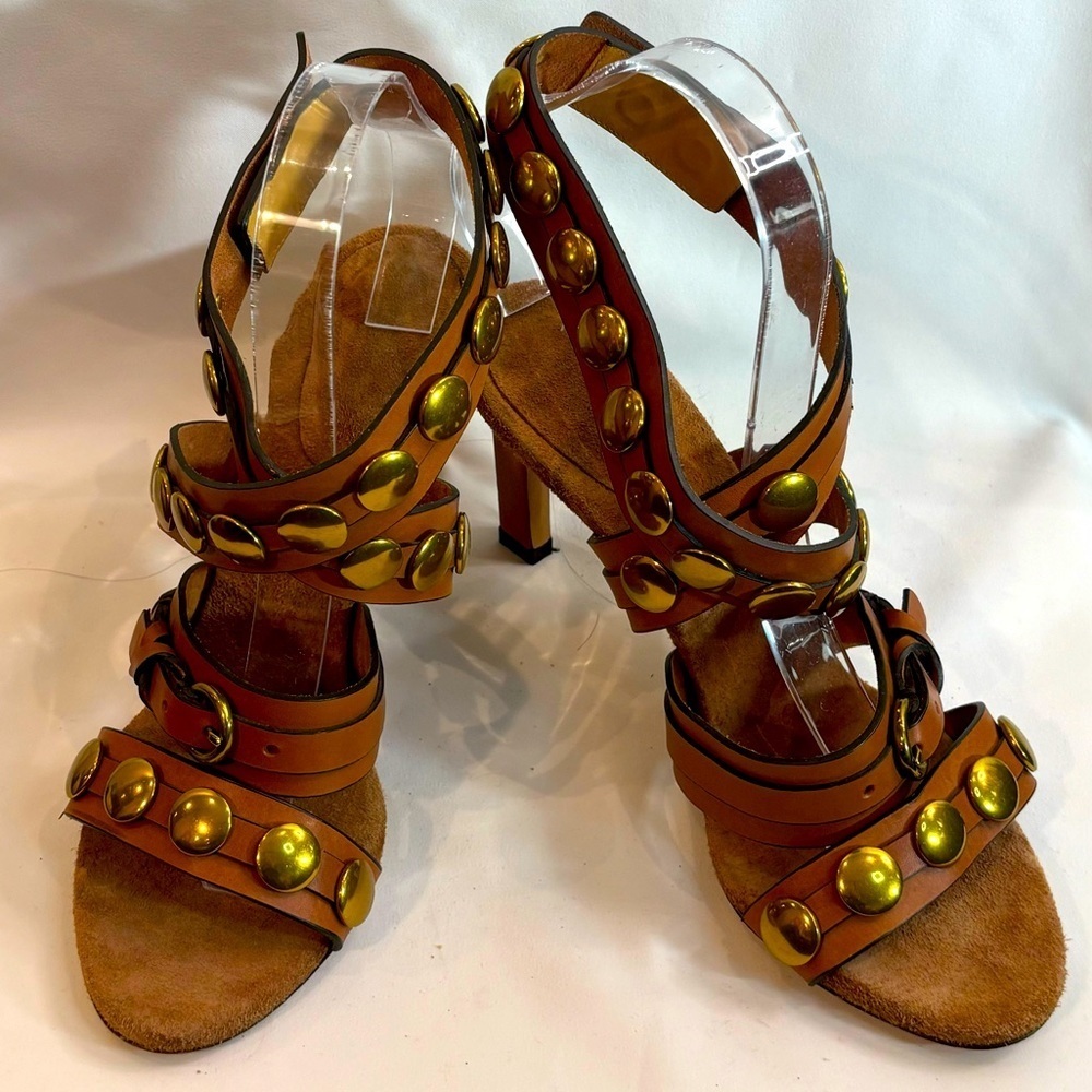 JEROME DREYFUSS Sz 39 Heeled Sandals Metallic Studs Leather Strappy Ankle